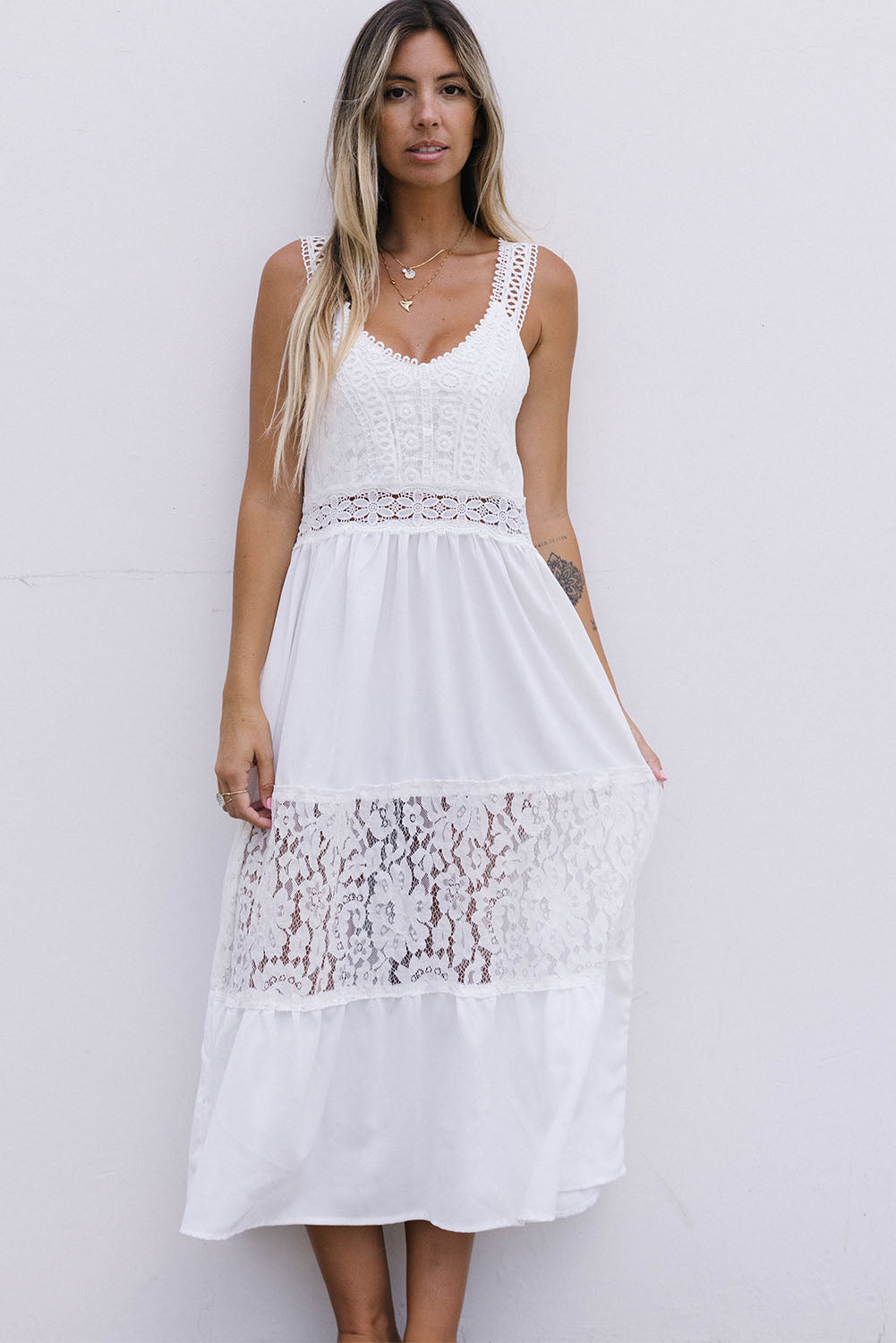 Floral Lace Tiered Patchwork Sleeveless Dress