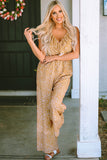 Leopard Print Drawstring Ruffled V Neck Jumpsuit