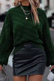 Blackish Green Mock Neck Lantern Sleeve Cable Knit Sweater