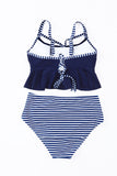 Cutout Ruffle Crop Top and Striped High Waist Bikini Set