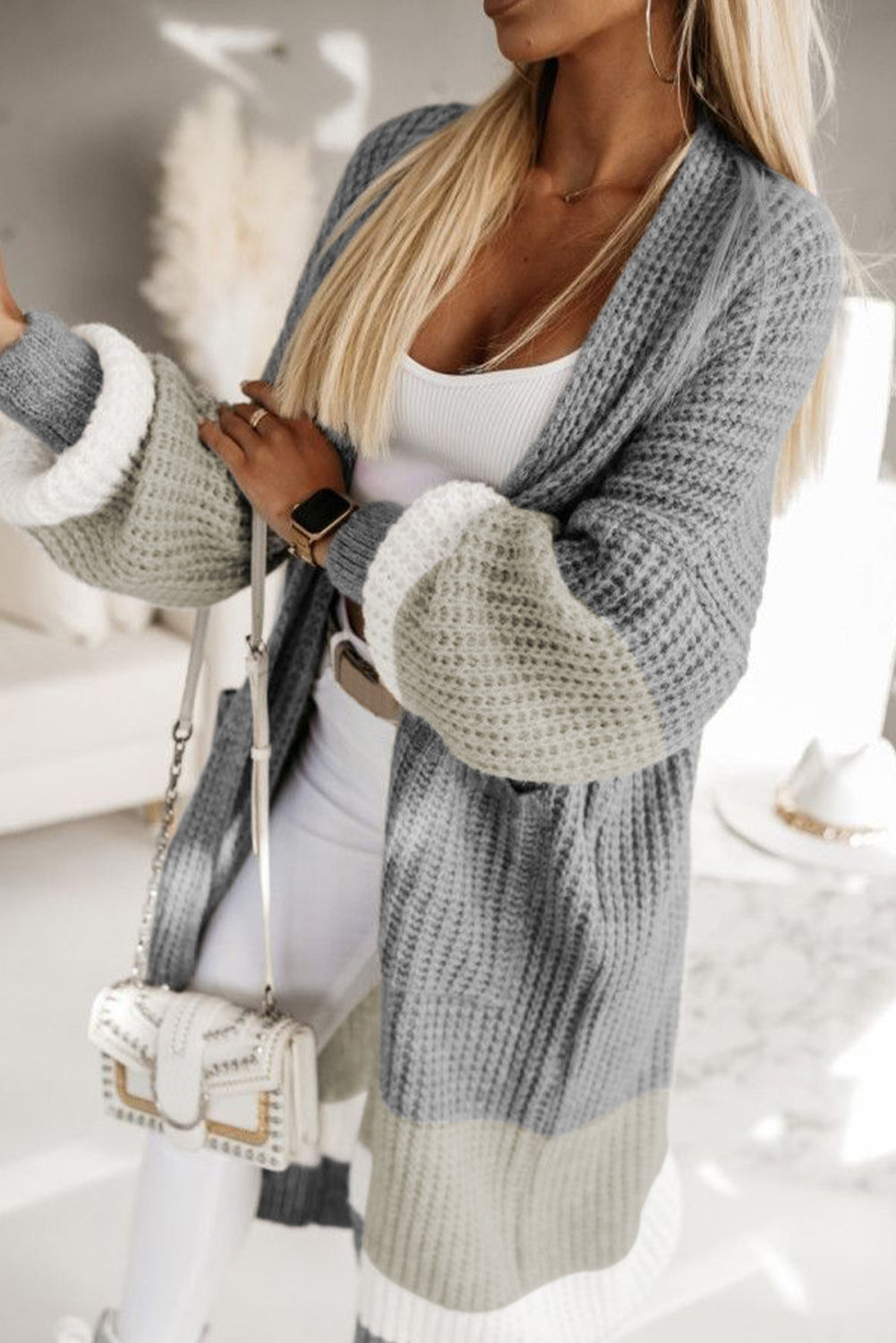 Colorblock Cable Knit Side Pockets Duster Cardigan