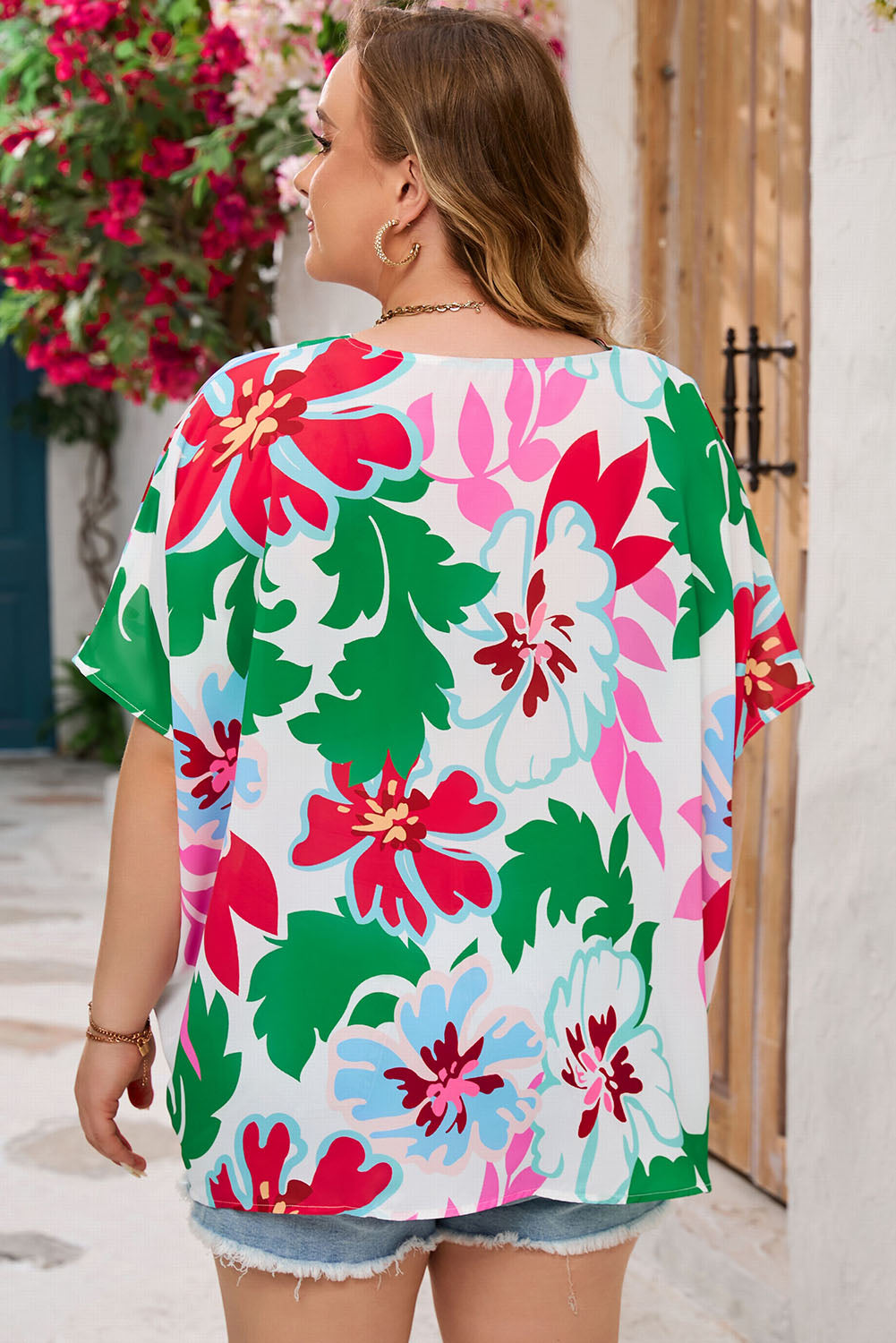 Floral Print Faux Wrap Plus Size Blouse