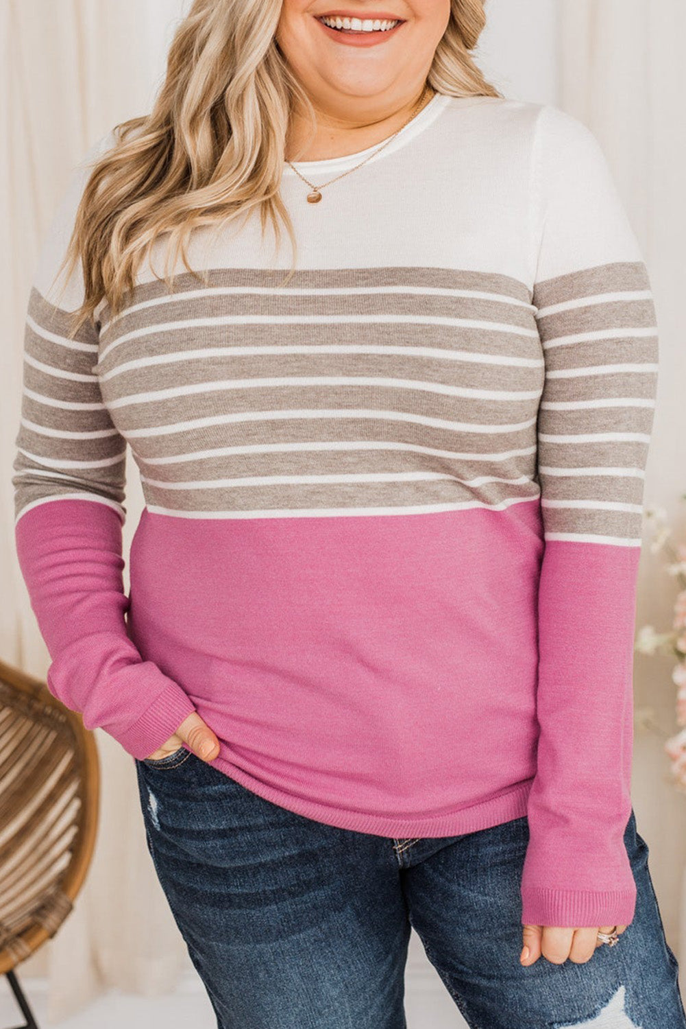 Pull en tricot patchwork rayé rose grande taille