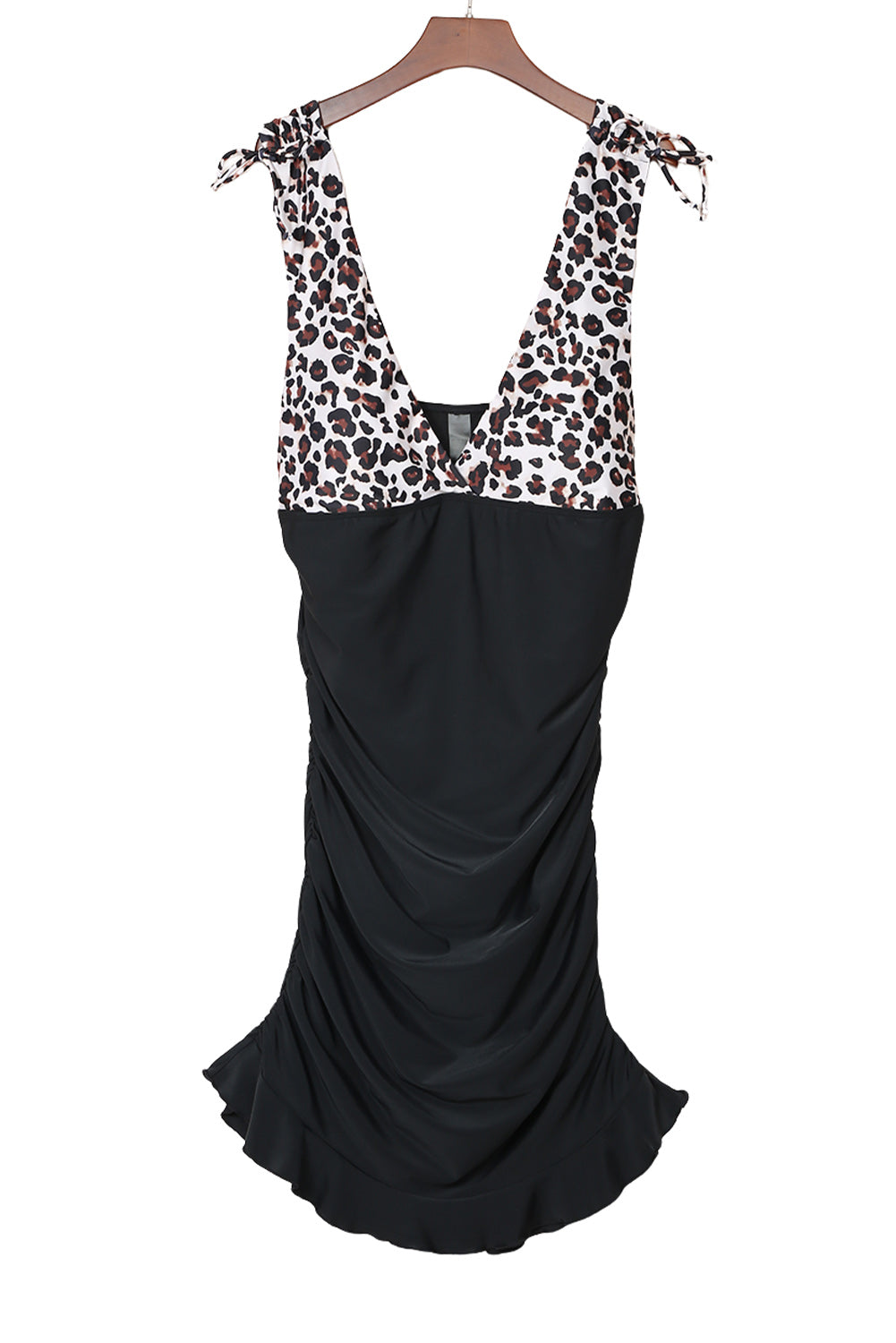 Plus Size Leopard Print Ruched Ruffle V Neck One-piece Swimsuit