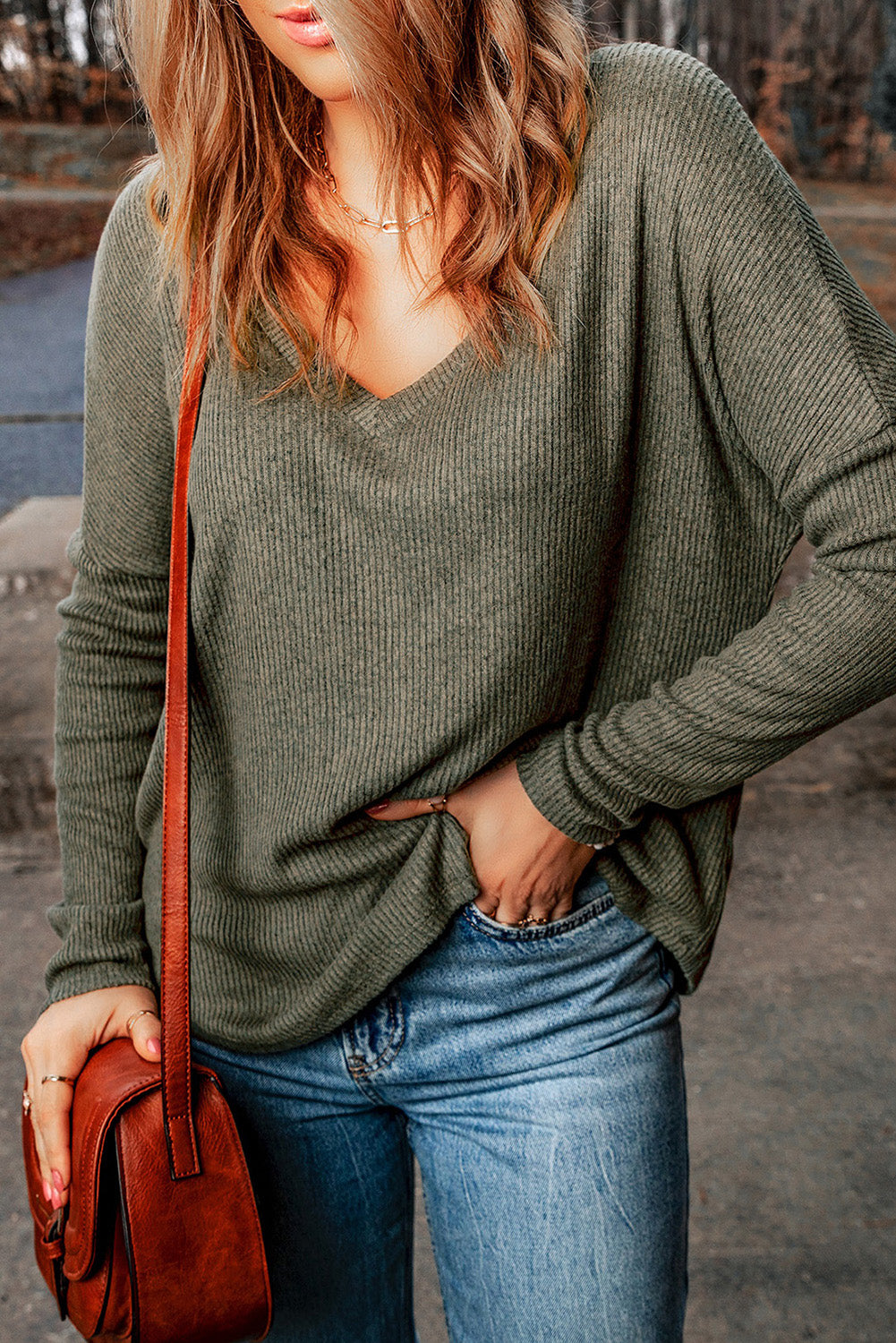 Loose Ribbed Knit V Neck Long Sleeve Top