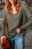 Loose Ribbed Knit V Neck Long Sleeve Top