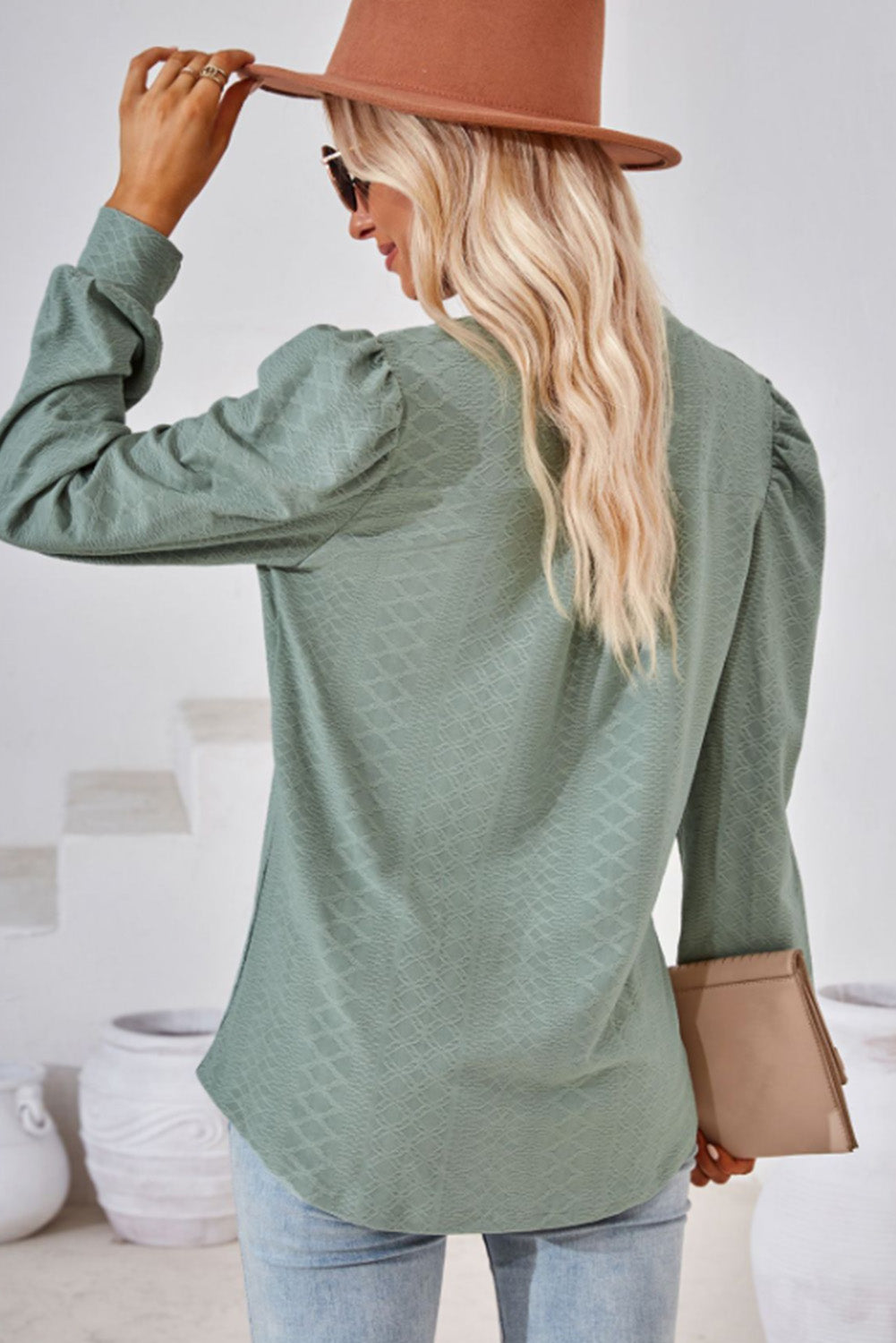 Jacquard V Neck Bishop Sleeve Top