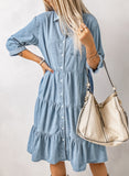 Ruffled Denim Full Buttoned Midi Dress