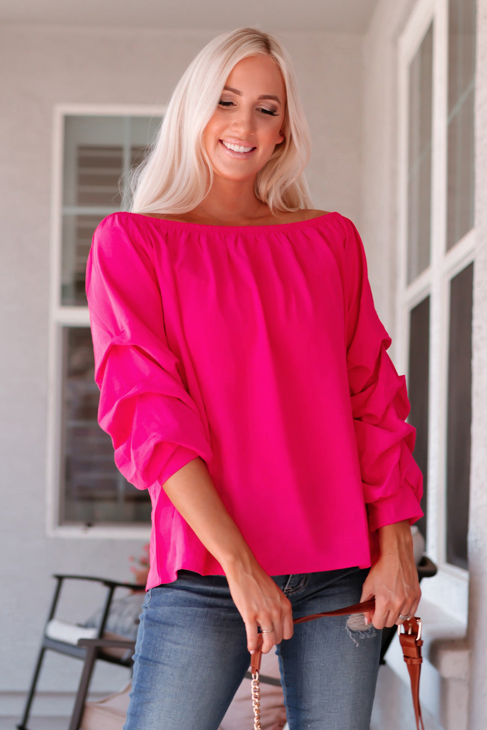 Pleated Sleeve Off Shoulder Blouse