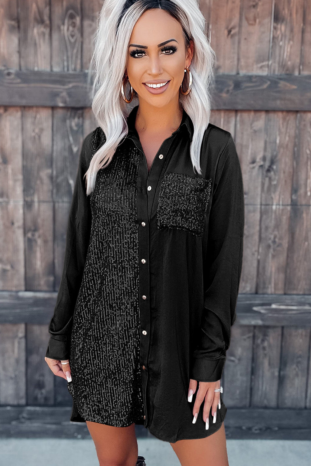 Sequin Splicing Pocket Buttoned Shirt Dress