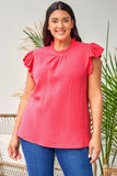 Blouse texturée froissée rose à manches bouffantes et à volants