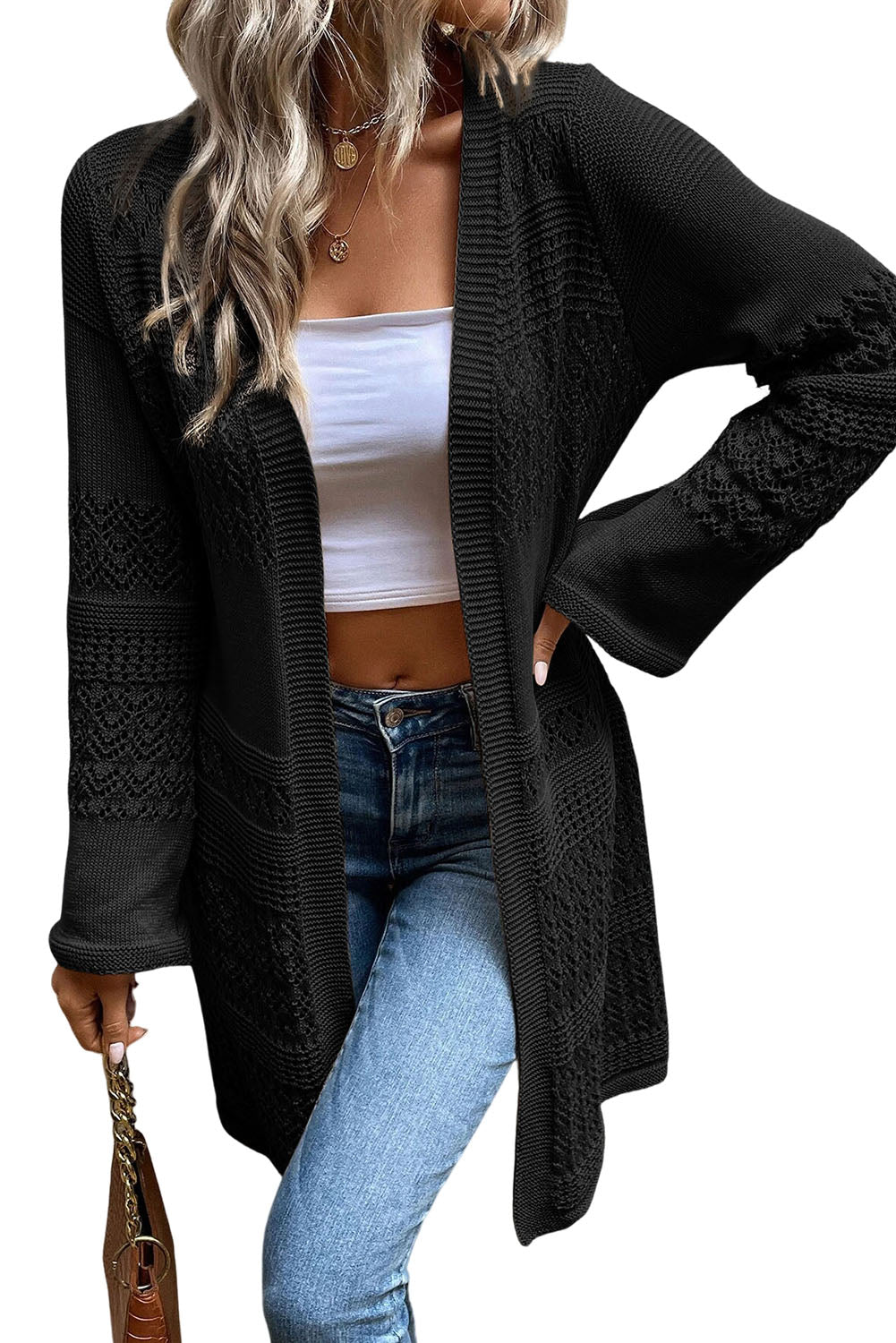 Cardigan noir ouvert sur le devant en maille pointelle