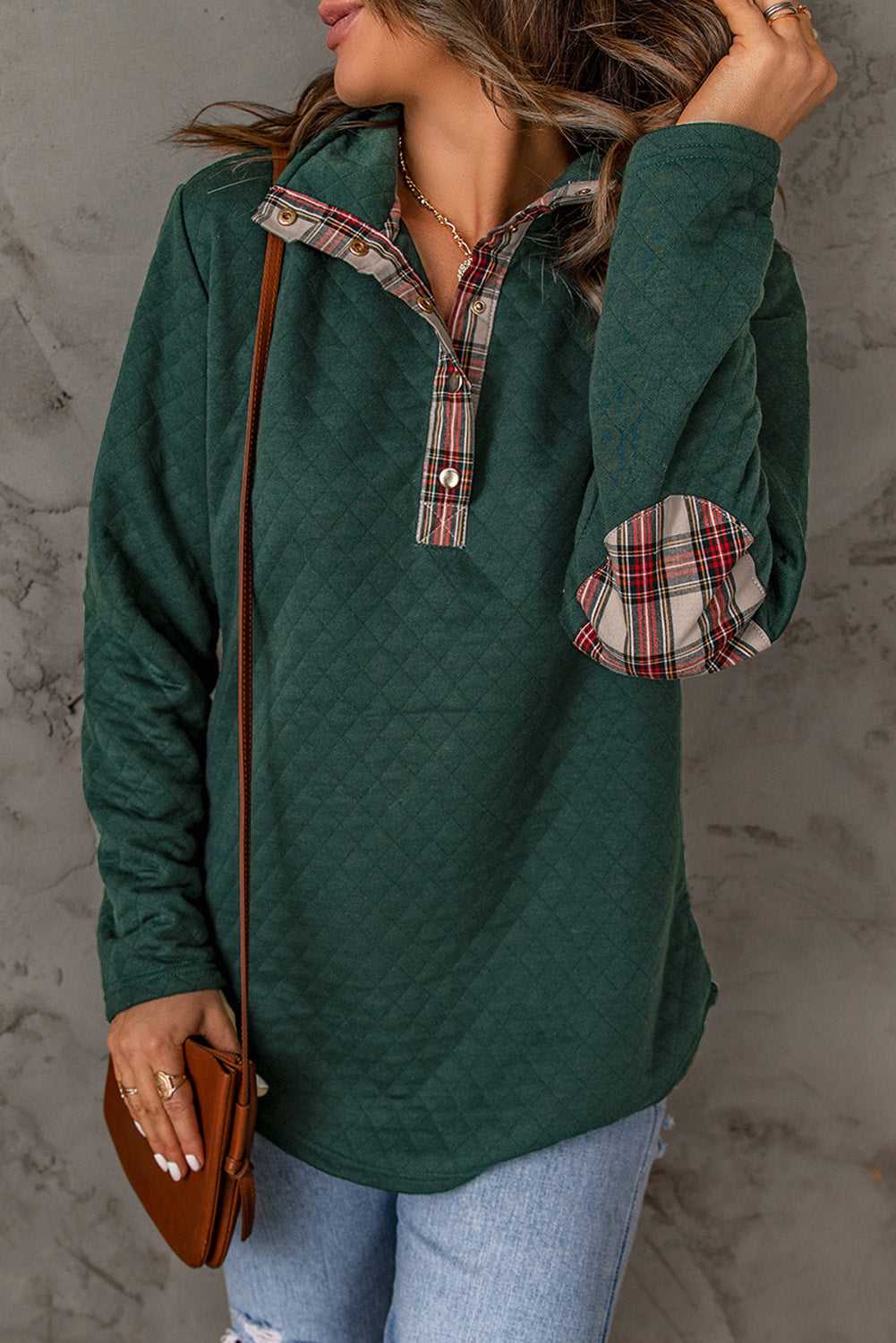 Geometric Texture Plaid Trim Sweatshirt