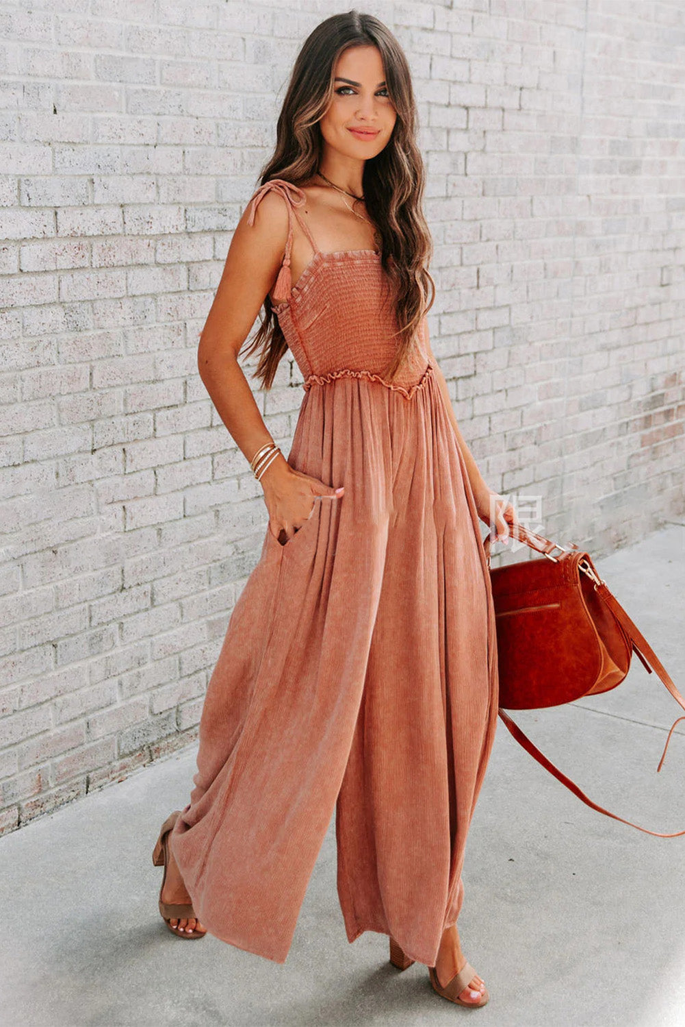 Retro Washed Spaghetti Straps Smocked Wide Leg Jumpsuit