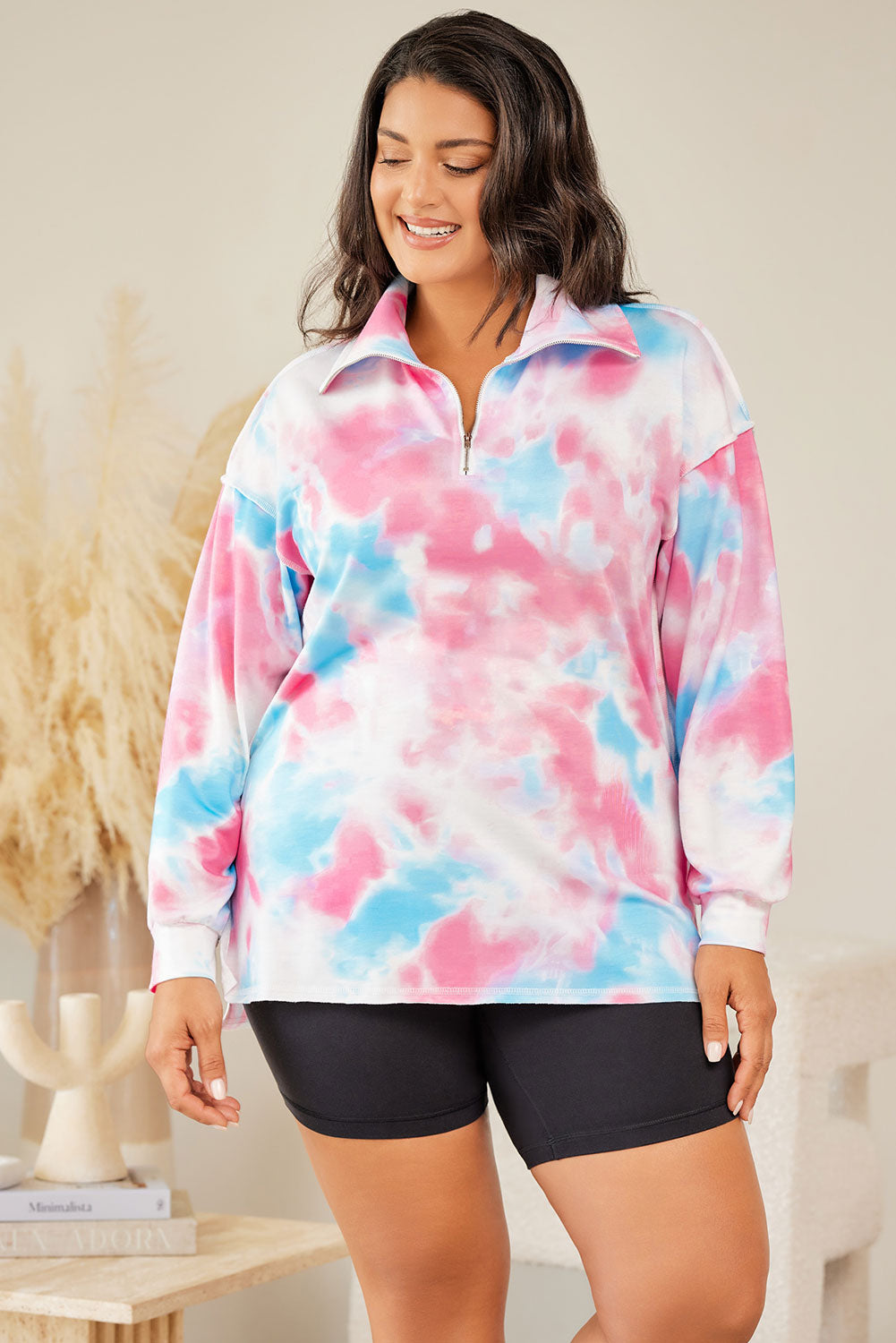 Sweat-shirt à Col Zippé Tie-Dye Multicolore de Grande Taille