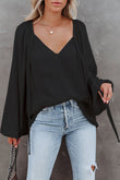 Tie V Neck Pleated Puff Sleeve Satin Blouse