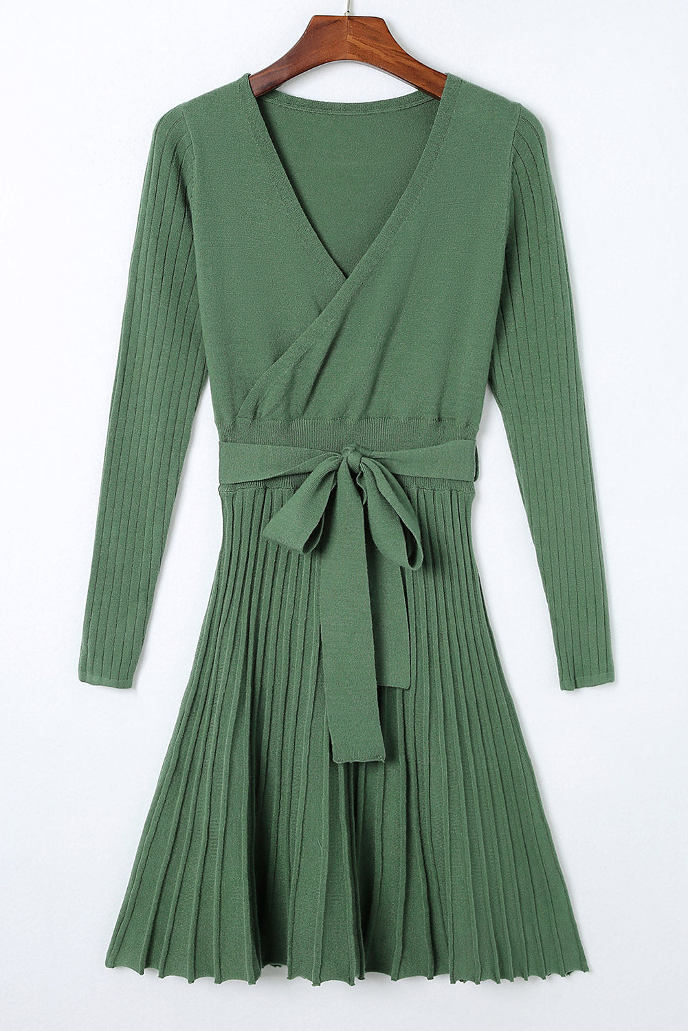 Belted V Neck Ribbed Pleated Sweater Dress