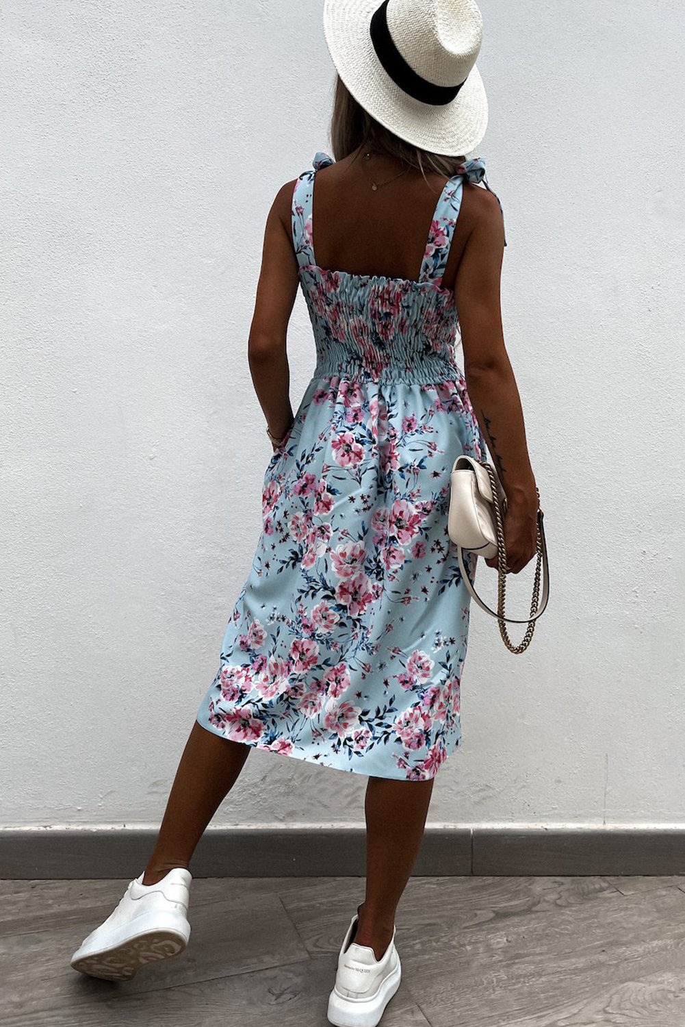 Apricot Tie Straps Smocked Floral Dress