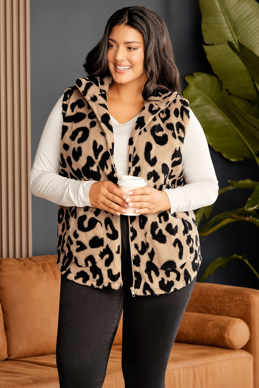 Plus Size Stand Neck Zipped Front Sherpa Jacket Vest