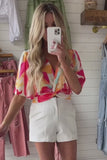 Abstract Print V Neck Twist Front Cropped Blouse