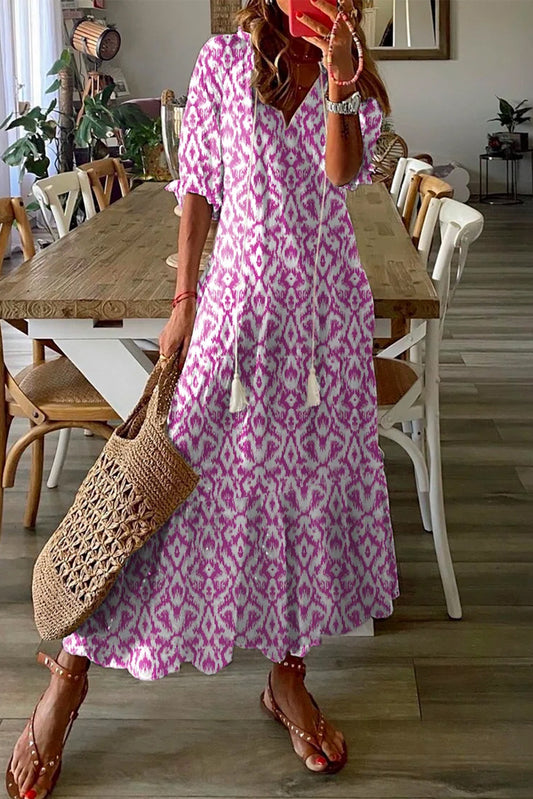 Robe longue décontractée à imprimé géométrique et col en V rose