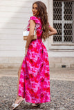 Robe longue taille empire à imprimé floral et manches à volants roses avec fente