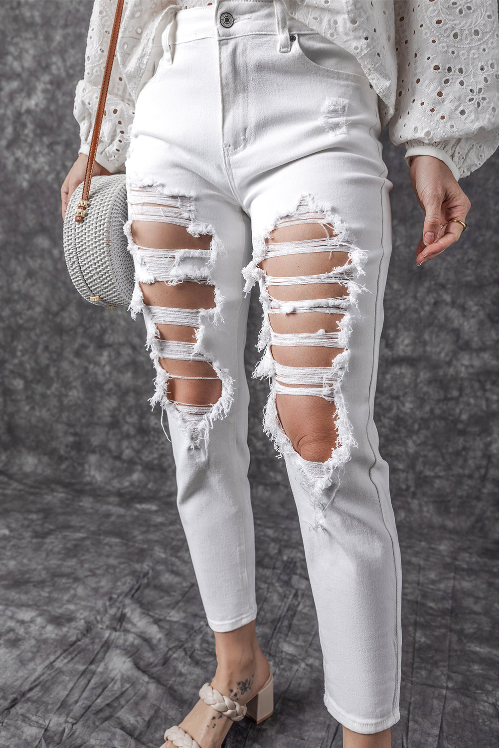 White Distressed Ripped Holes High Waist Skinny Jeans