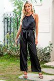 Halter Neck Sleeveless Wide Leg Jumpsuit with Belt