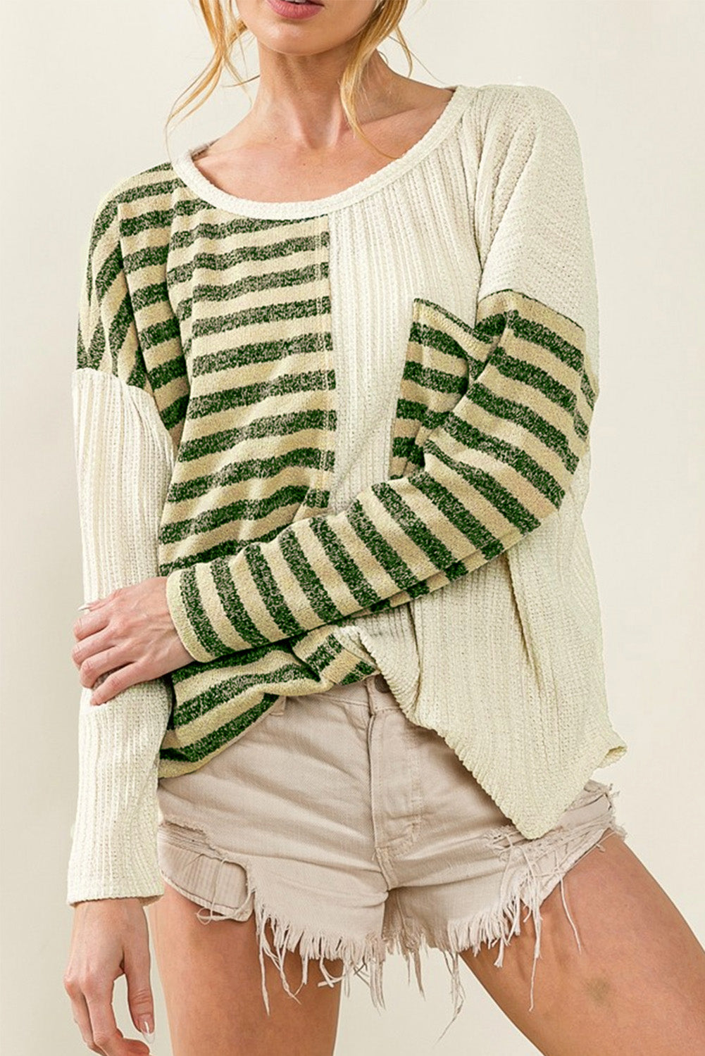 Striped Patch Textured Fabric Long Sleeve Top