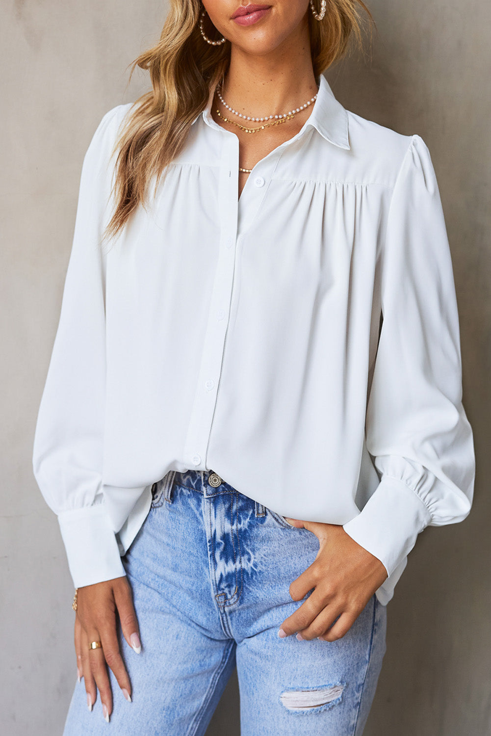 Solid Color Button Up Puff Sleeve Blouse