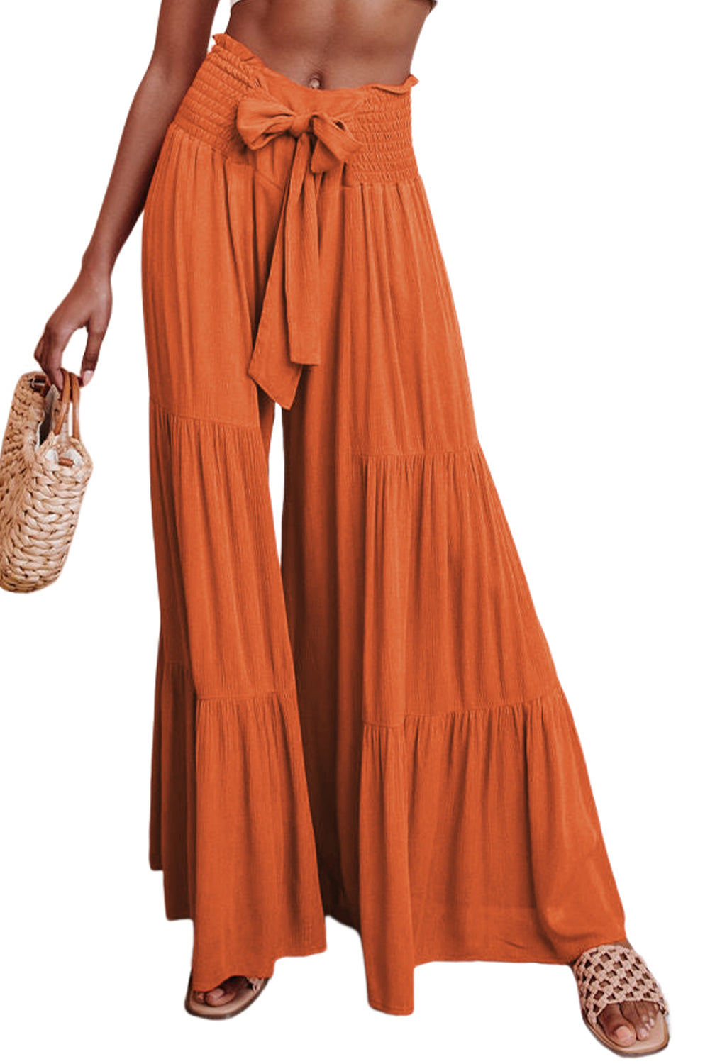 Smocked Waist Tiered Wide Leg Pants