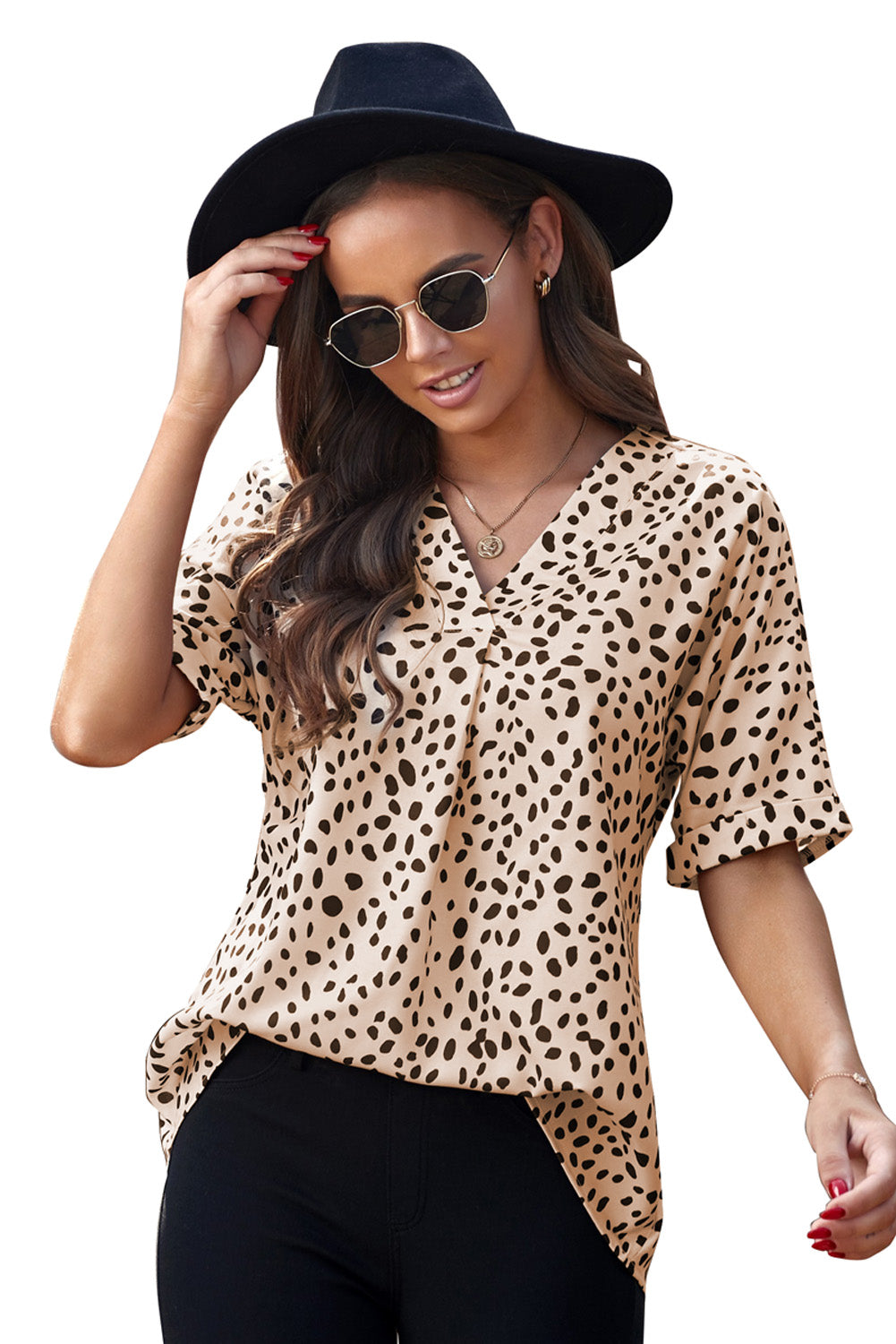 Animal Print V-neck Rolled Sleeve Tunic Top