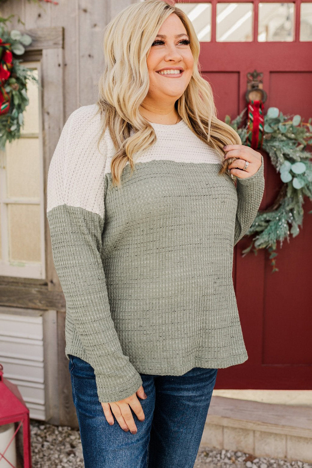 Plus Size Colorblock Knit Long Sleeve Top