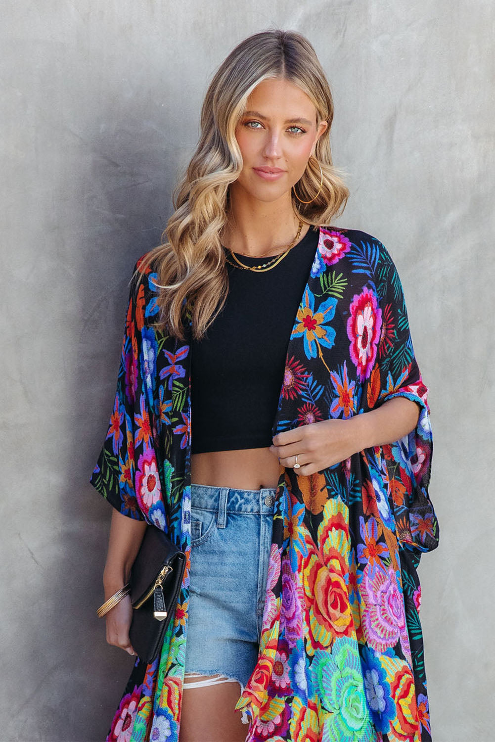 Bohemian Floral Print Half Sleeve Open Front Kimono