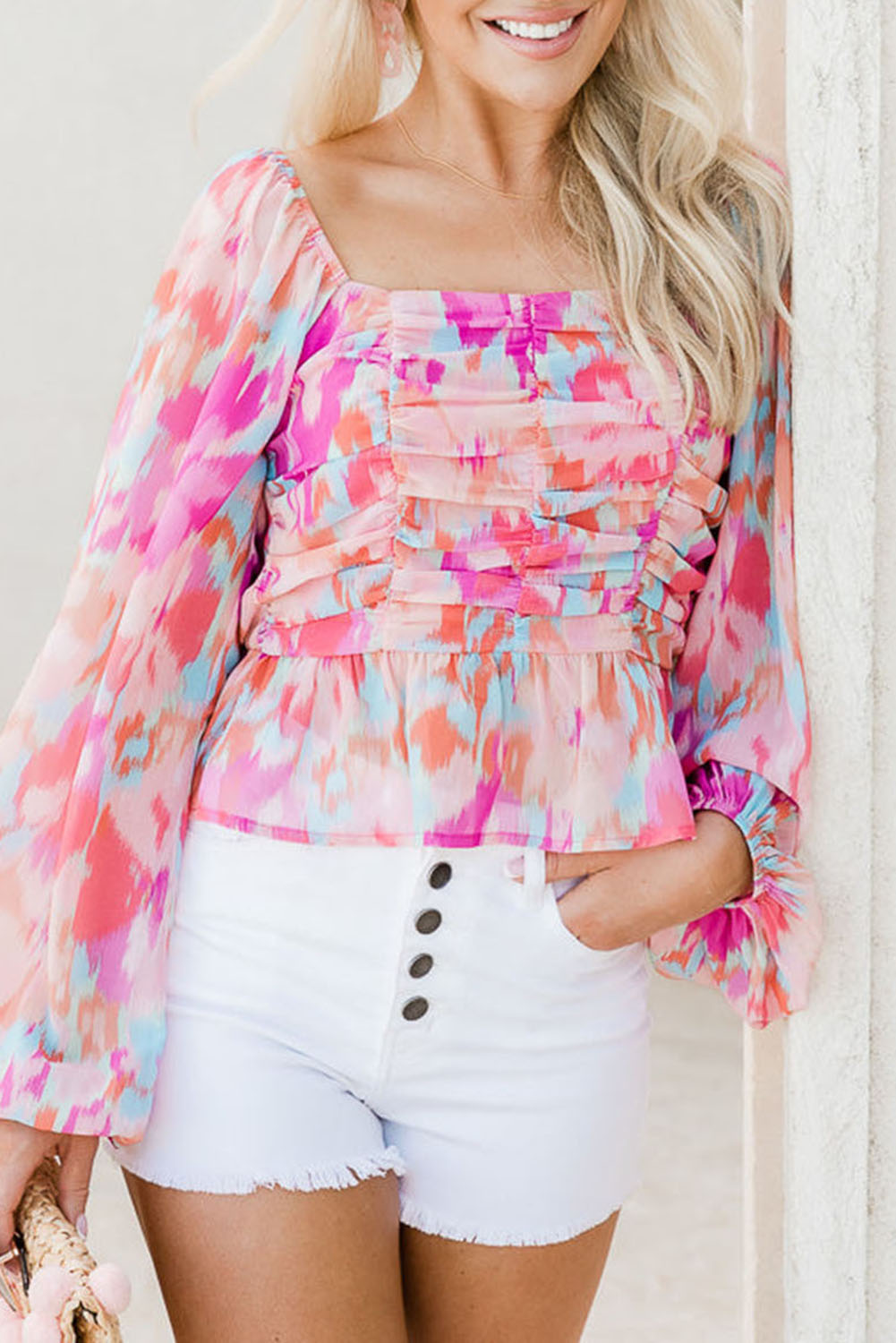 Watercolor Printed Tie Straps V Neck Peplum Tank Top