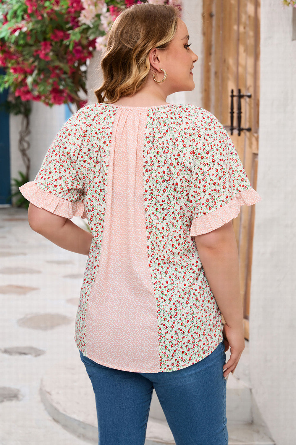 Dotty Floral Patchwork Plus Size Long Sleeve Blouse