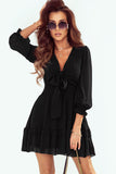 Deep V Neck Lantern Sleeve Knotted Tiered Mini Dress