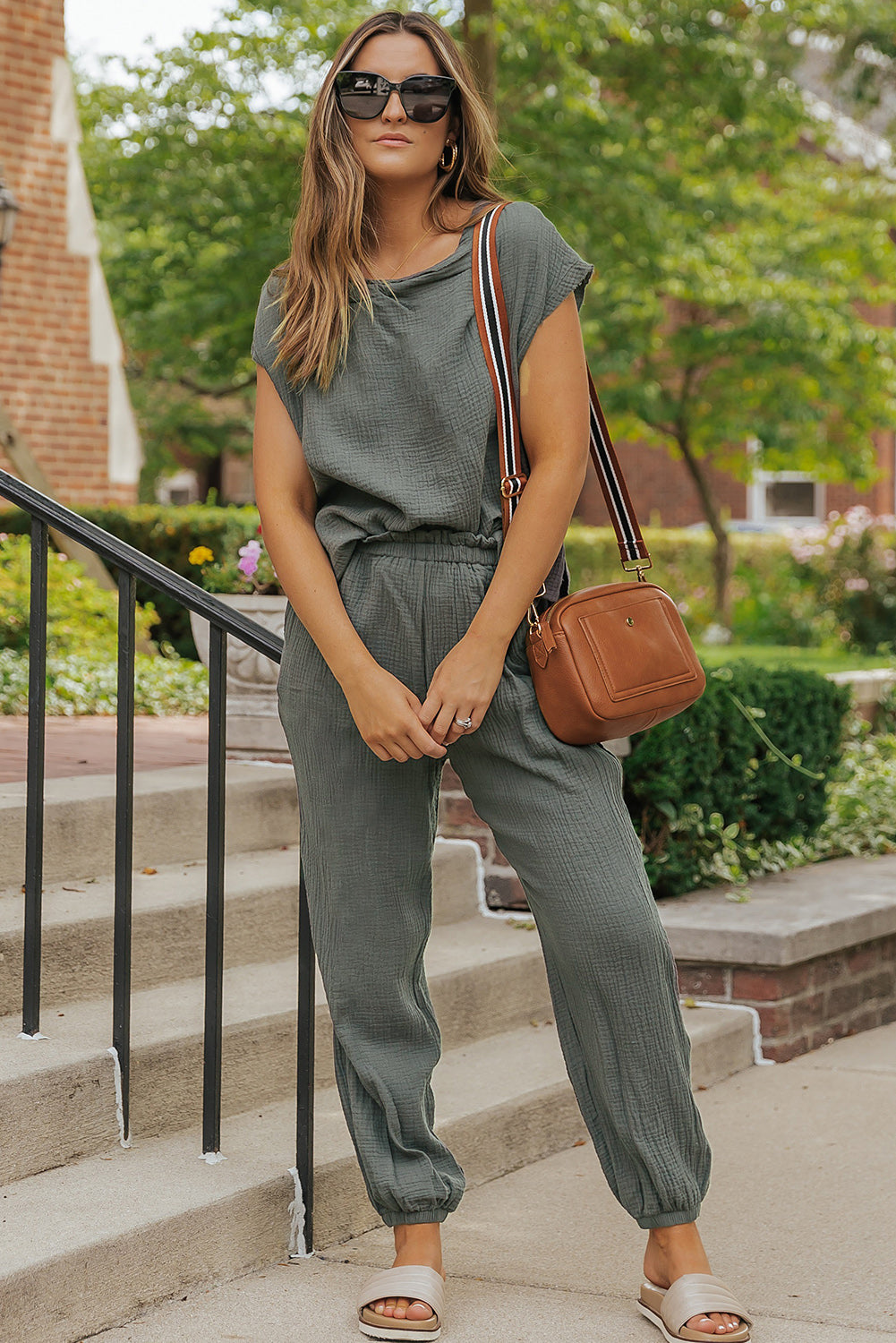 Crinkled Texture Tee and Jogger Pants Set