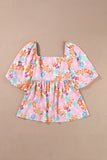 Pink Floral Puff Sleeve Square Neck Babydoll Blouse