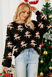 Dark Green Christmas Reindeer Pattern Drop Shoulder Sweater