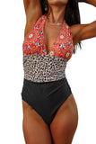 Retro Floral Stripes Deep V Neck One-piece Swimwear