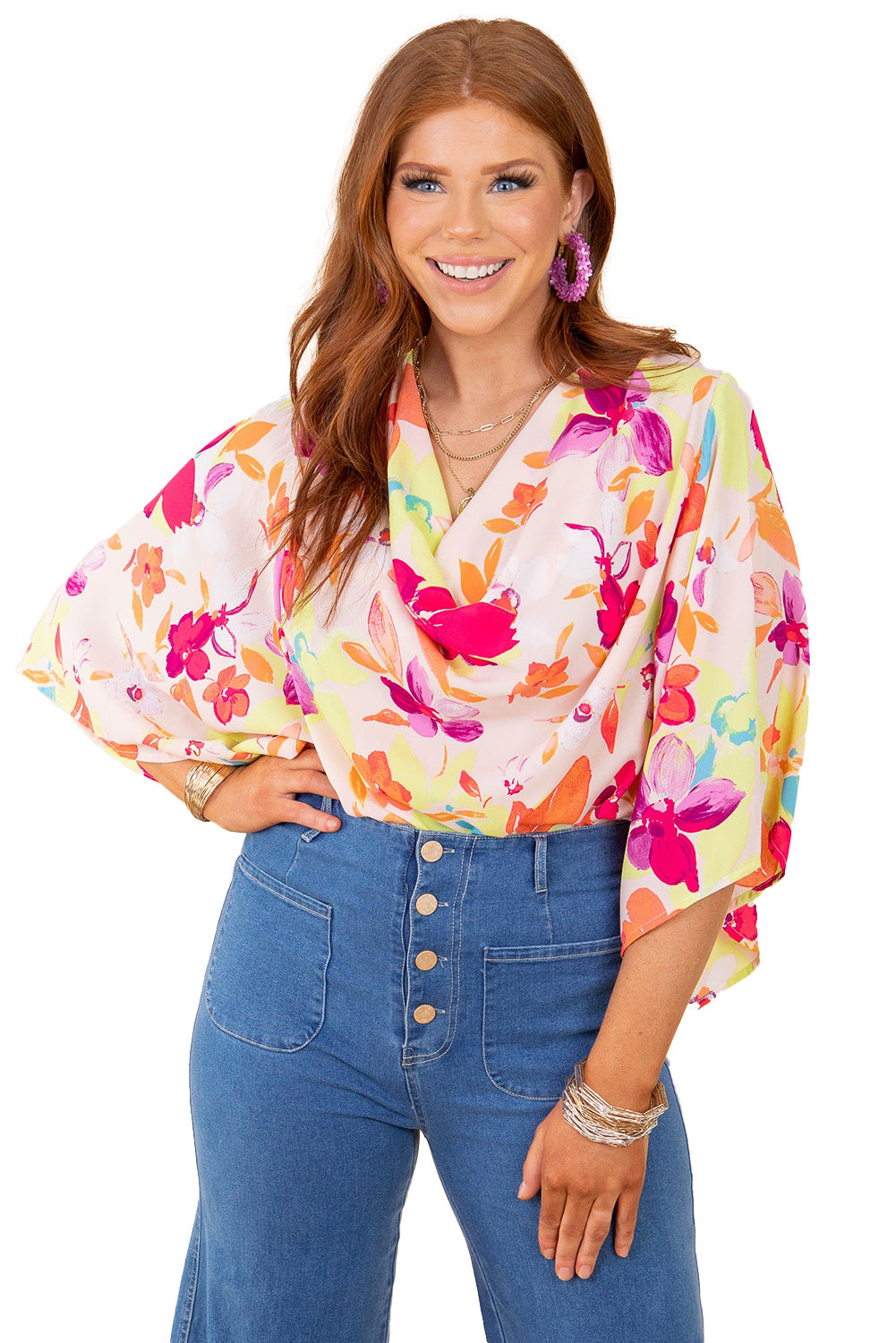 Floral Print Cowl Neck Plus Size Blouse