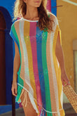 Stripe Tasseled Crochet Beach Cover Up