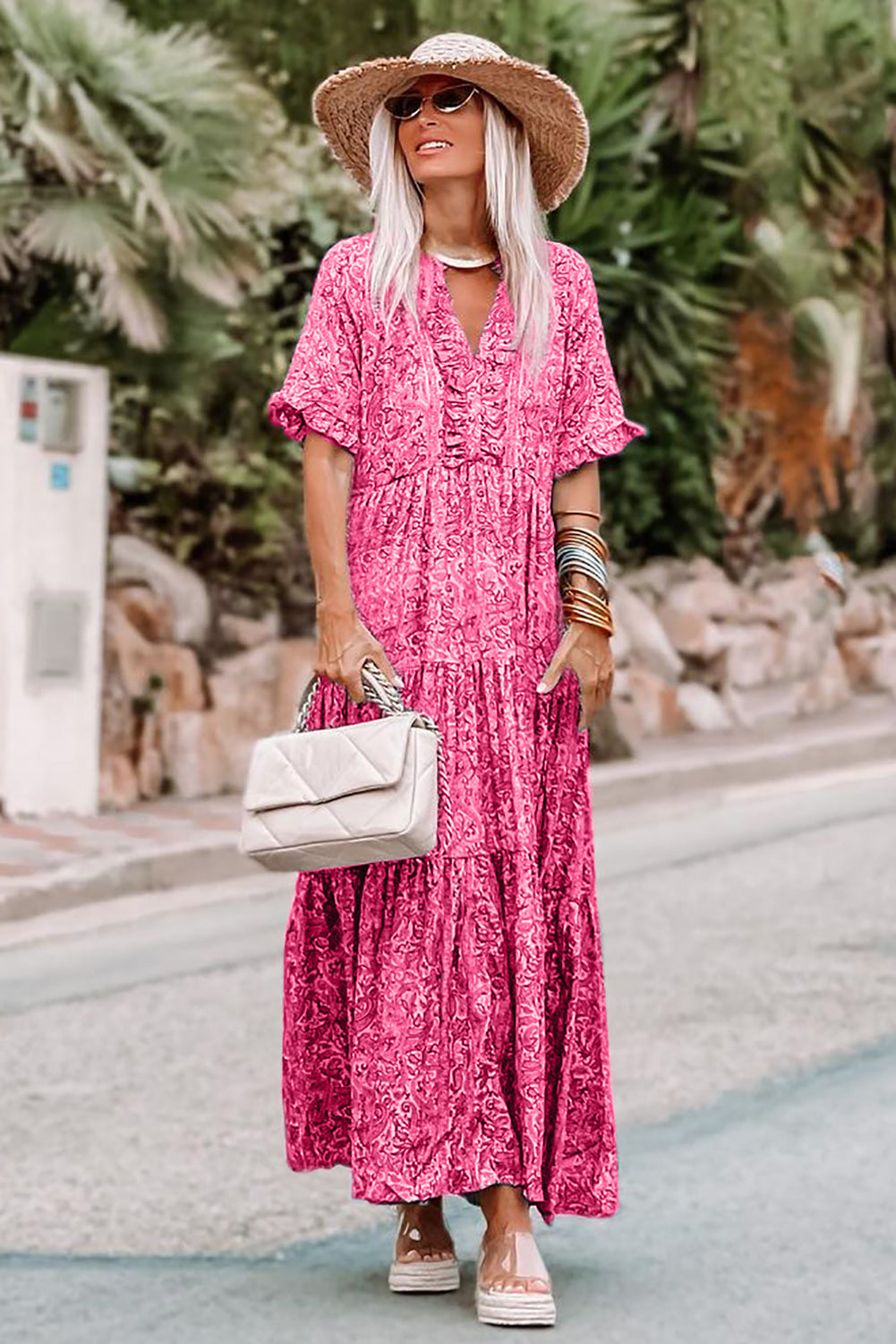 Paisley Print Boho Holiday Ruffle Tiered Maxi Dress