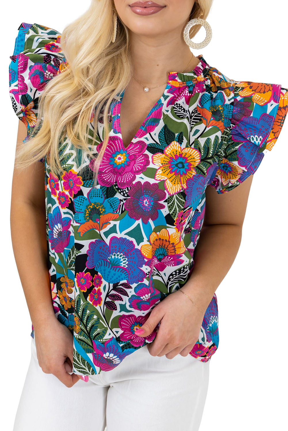 Blouse multicolore à imprimé floral et manches flottantes à volants