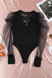 V Neck Lace Sheer Puff Sleeve Bodysuit