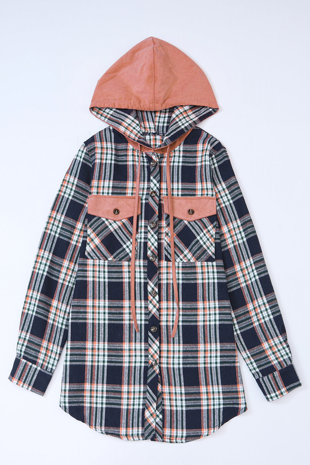 Contrast Hooded Drawstring Plaid Shacket