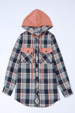 Contrast Hooded Drawstring Plaid Shacket