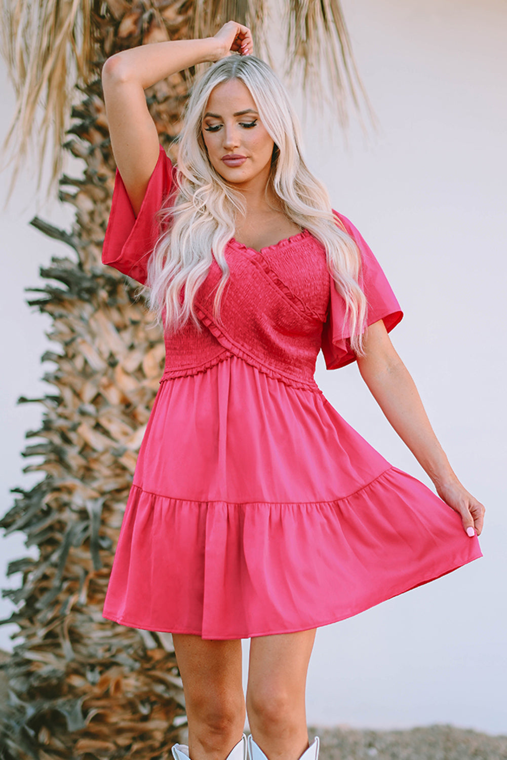 Crossover Smocked Flutter Sleeve Mini Dress