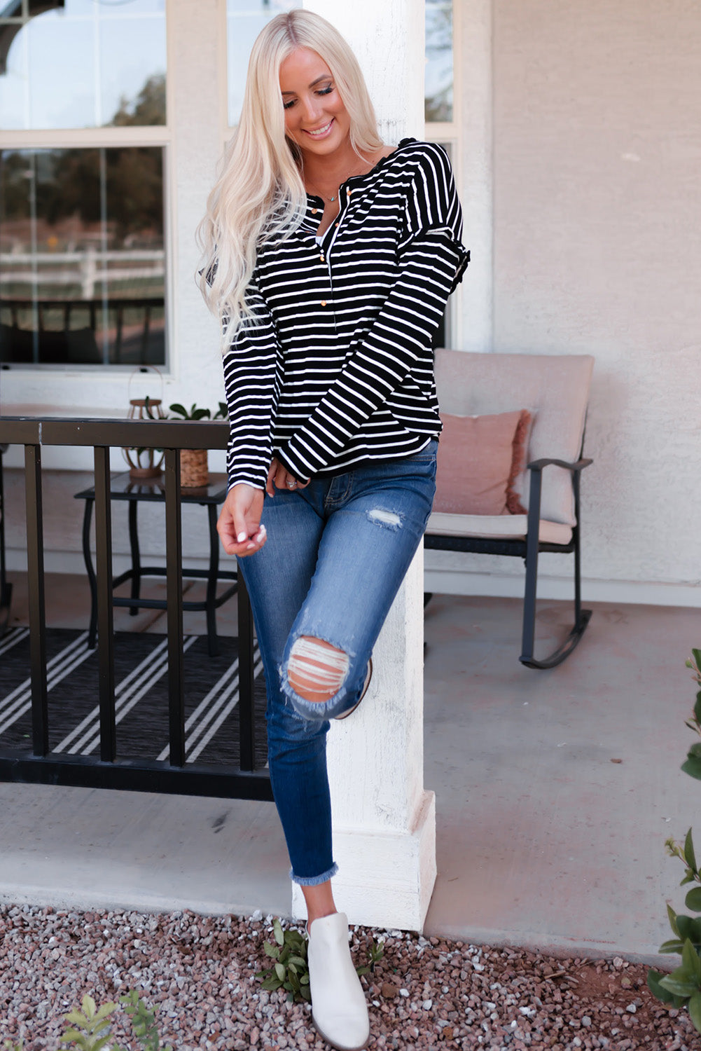 Striped Print Ruffled Buttoned Long Sleeve Top